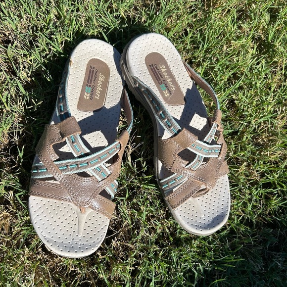 Skechers Reggae Gray & Teal leather Women's Slide Sandals Sz-6. Q - Picture 10 of 13